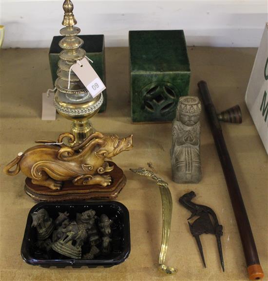 Carved wood temple ornament, 2 pottery pillows, 2 sets of weights, opium pipe etc.